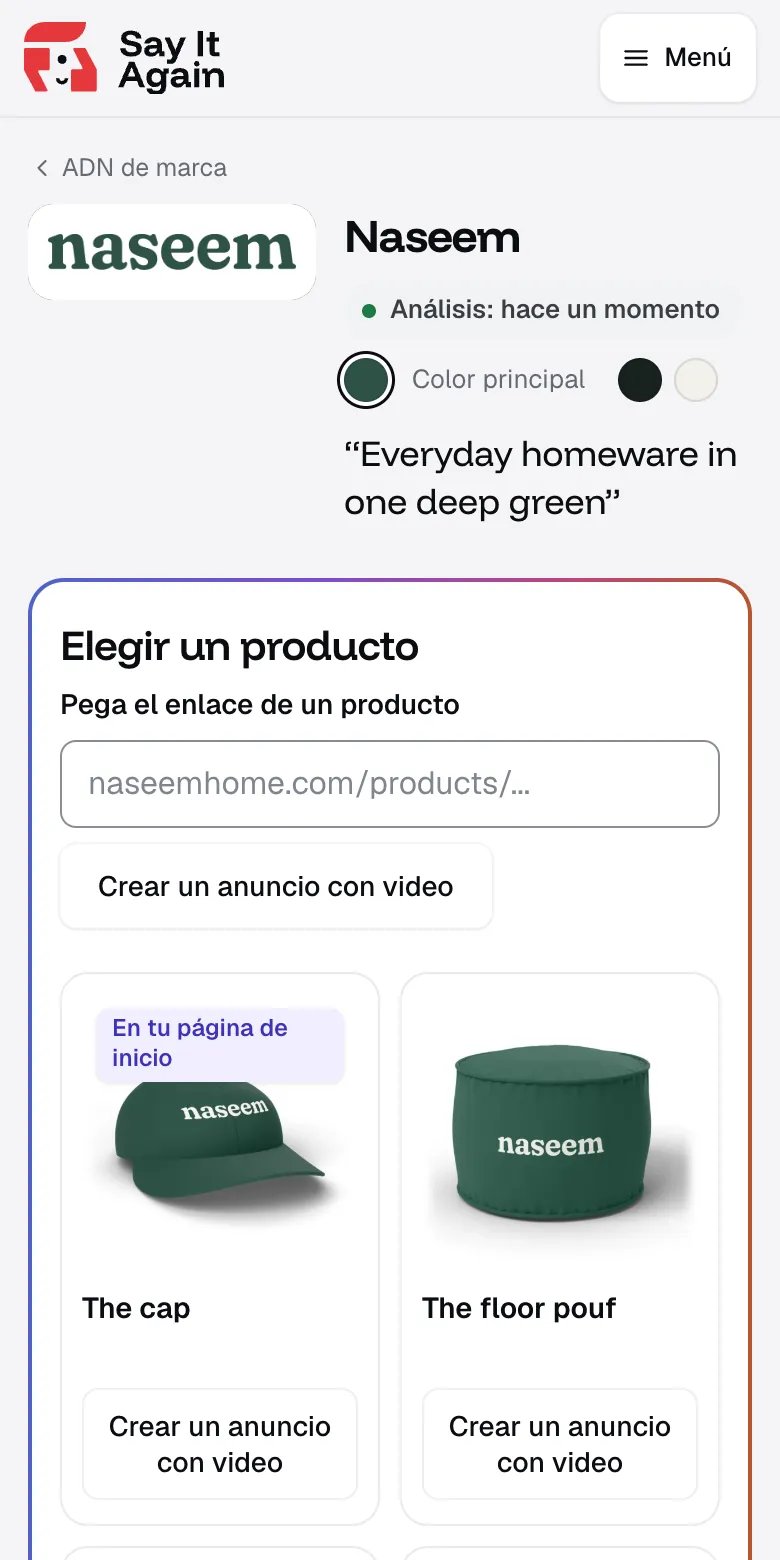 El análisis de naseemhome.com en Say It Again: el logo de Naseem, los colores de la tienda, su frase “Everyday homeware in one deep green” y sus primeros productos, la gorra y el puf, cada uno con un botón “Crear un anuncio con video”.