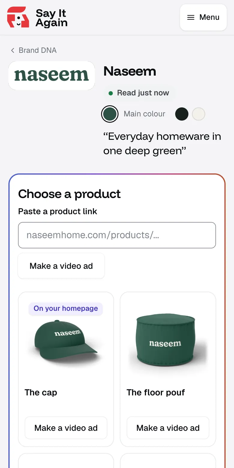 The screen after we read naseemhome.com: Naseem's logo, colours and one of its own lines, then its products with their photos
