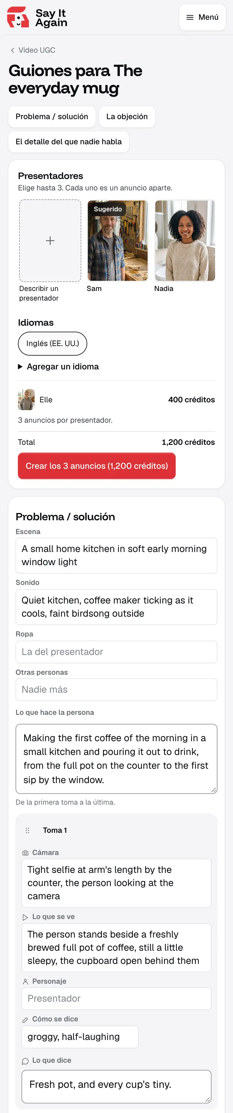 La página de guiones de “The everyday mug”: sus ángulos, “Problema / solución”, “La objeción” y “El detalle del que nadie habla”, los presentadores para elegir y el primer guion, cuya primera frase es “Fresh pot, and every cup’s tiny.”