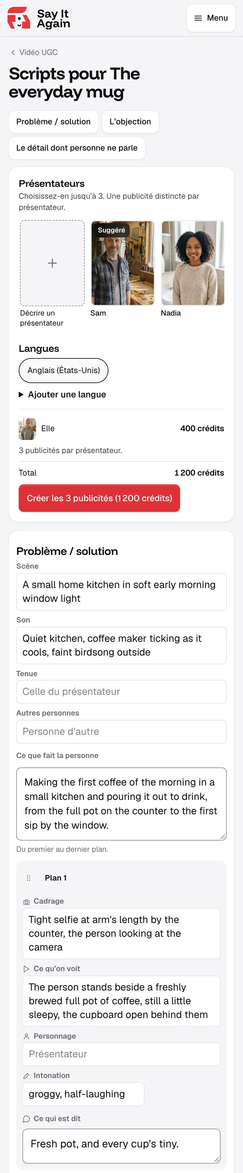 La page des scripts pour « The everyday mug » : ses angles, « Problème / solution », « L’objection » et « Le détail dont personne ne parle », les présentateurs au choix, et le premier script, dont la première phrase est « Fresh pot, and every cup’s tiny. »