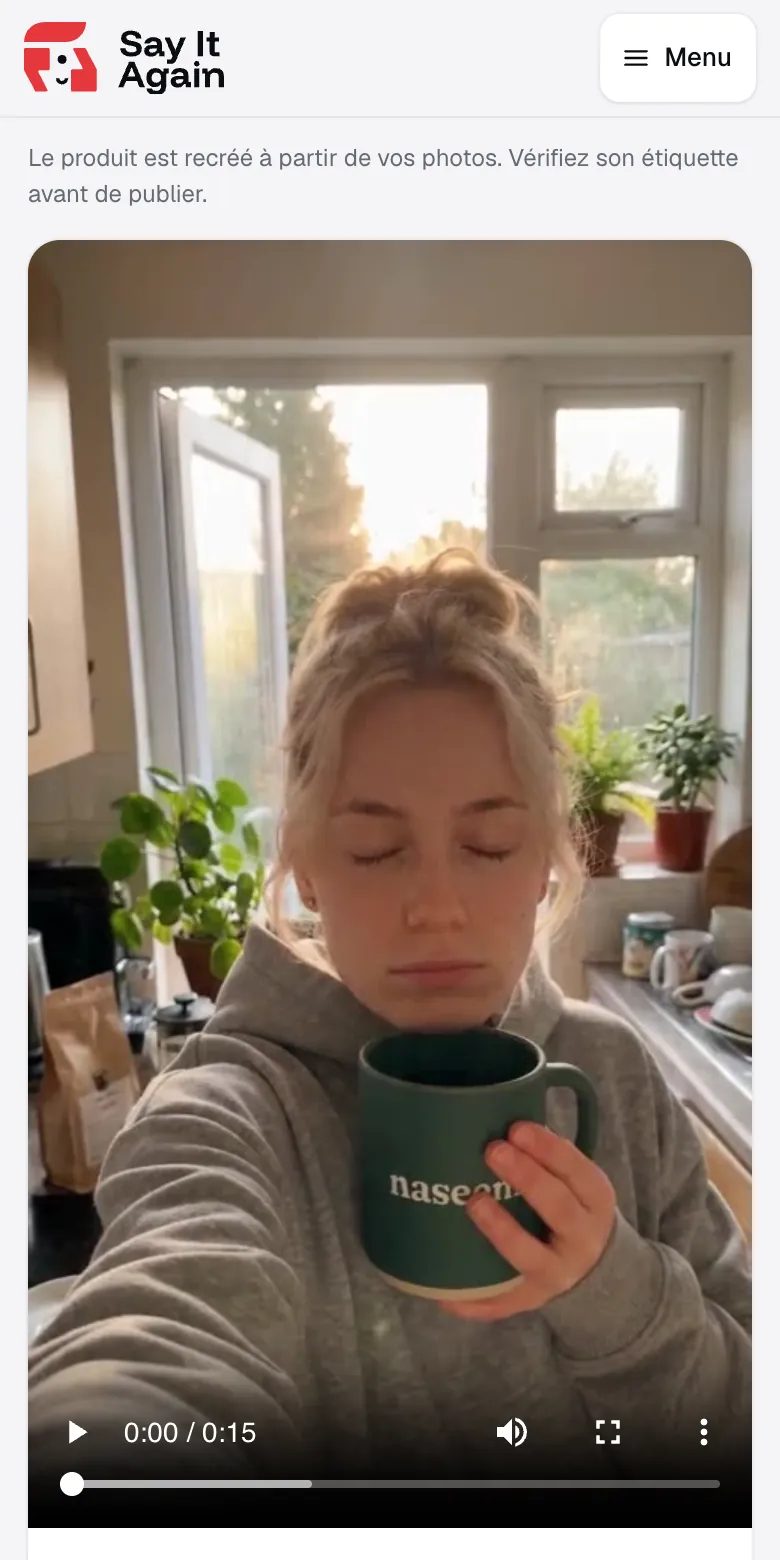 La vidéo UGC IA du mug Naseem, sur sa page dans l’application