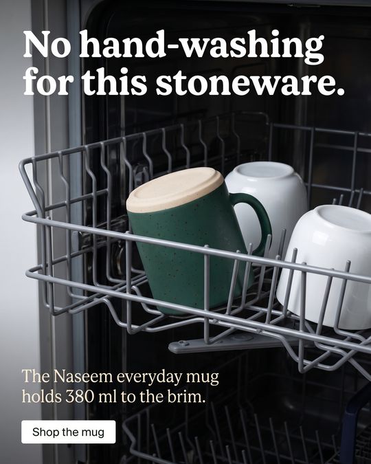 The second image ad of that set: the mug upside down in a dishwasher rack, with the headline "No hand-washing for this stoneware."