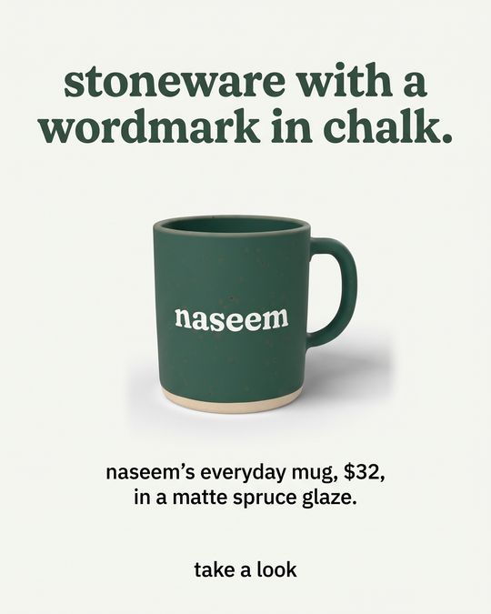 The third image ad of that set: the whole mug on a pale background, with the headline "stoneware with a wordmark in chalk."