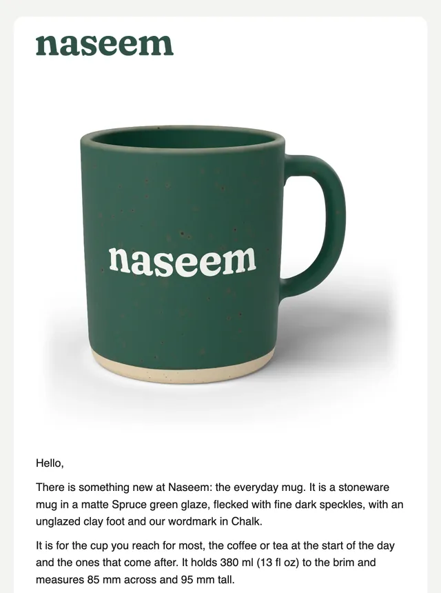 The top of a generated launch email for the Naseem everyday mug: the Naseem logo, a photo of the mug, and its opening, "There is something new at Naseem: the everyday mug."